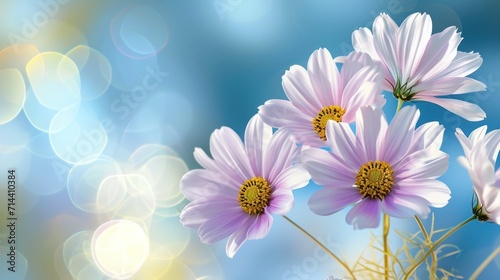  a group of pink flowers sitting on top of a blue and yellow flower filled vase next to a blue and yellow boke of light that is shining in the background.