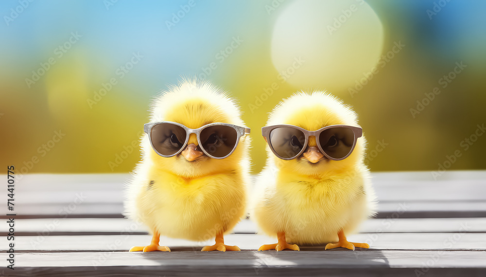 Cute yellow chicks in sunglasses, easter concept