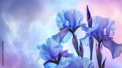  a group of blue flowers sitting on top of a purple and blue cloud filled sky with a pink and blue sky in the background and a few clouds in the foreground.