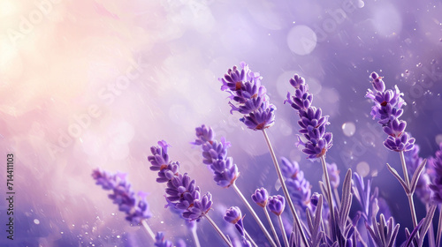  a bunch of lavender flowers that are in the air with a boke of light coming from the top of one of the flowers and a blurry blurry background.