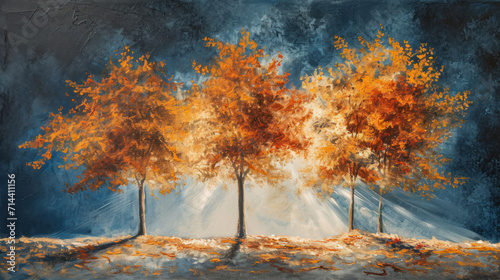  a painting of three trees with yellow and orange leaves in the foreground and a dark blue sky in the background with a white light coming from the top of the trees.