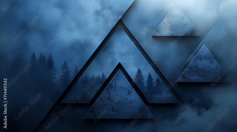 Blue Triangle Forest Illusion: A minimalist artwork with dark blue shades, forest silhouettes, and geometric shapes creating a serene abstract scene. - obrazy, fototapety, plakaty 