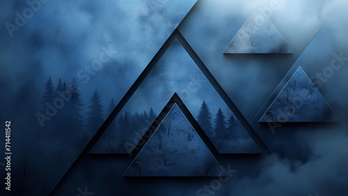 Blue Triangle Forest Illusion: A minimalist artwork with dark blue shades, forest silhouettes, and geometric shapes creating a serene abstract scene.