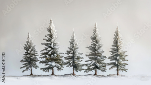  a painting of a row of pine trees in the snow with white snow on the tops of the trees and the tops of the pine trees in the foreground.
