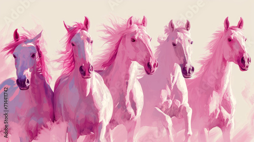  a group of pink horses standing next to each other in front of a light pink background with a white horse in the middle of the picture and a pink horse in the middle of the middle of the picture.