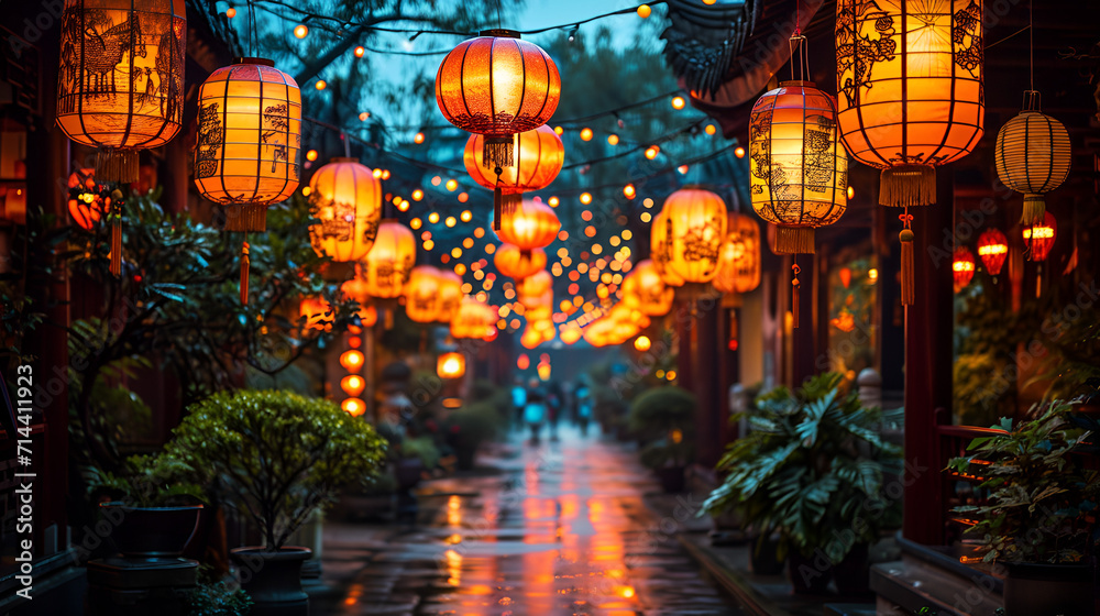 chinese new year street decorated with chinese hanging lamps and decoration, Traditional street decorated for new year