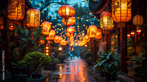 chinese new year street decorated with chinese hanging lamps and decoration  Traditional street decorated for new year