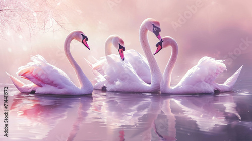  a group of flamingos floating on top of a body of water next to each other on top of a lush green and pink background with a tree in the background.