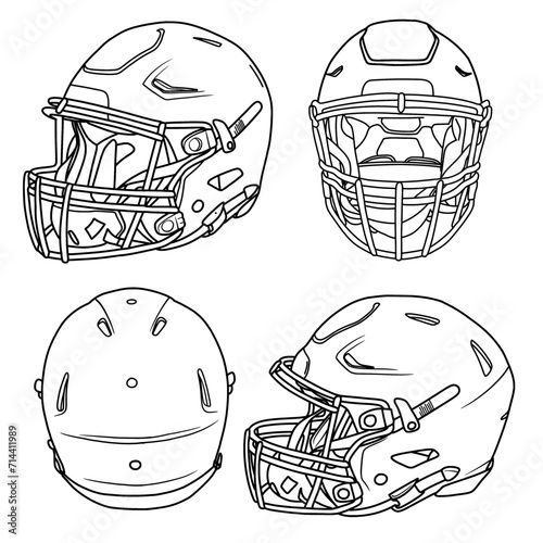 Template vector American football helmet, suitable for your custom football helmet design, outline vector doodle illustration, side, front, isometric and rear view, isolated with white background.