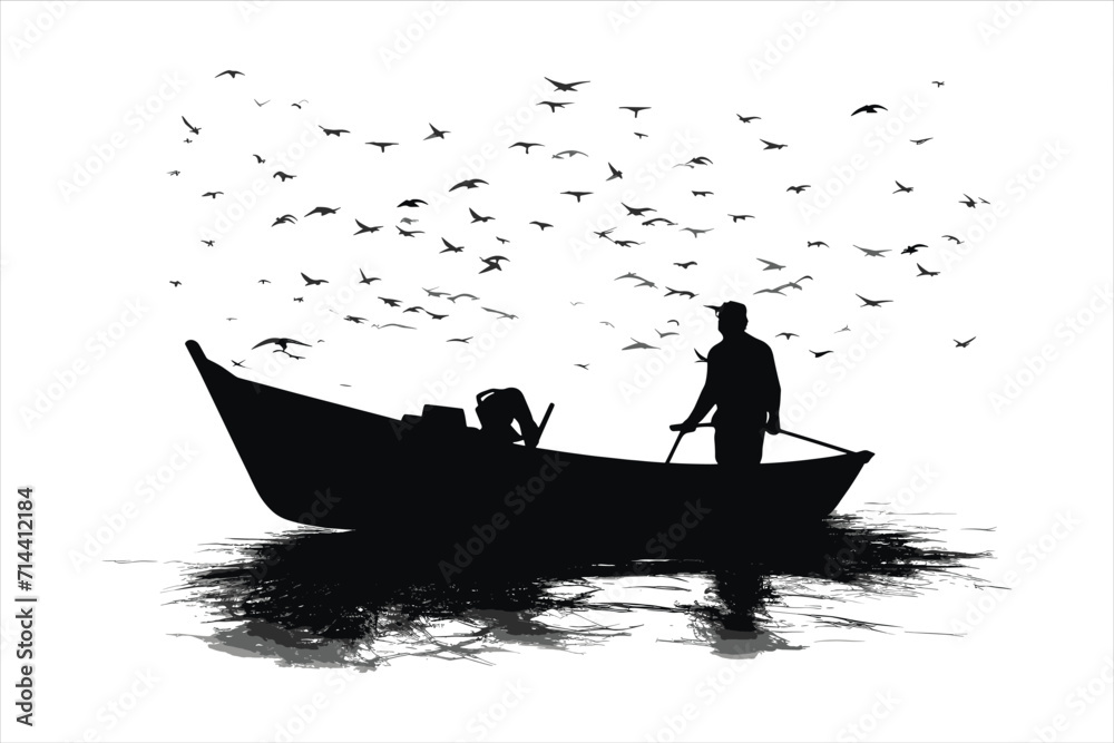 River fishing boat and fisherman, in a boat silhouette fisherman boat icon logo River fishing boat and fisherman, in a boat silhouette fisherman boat icon logo