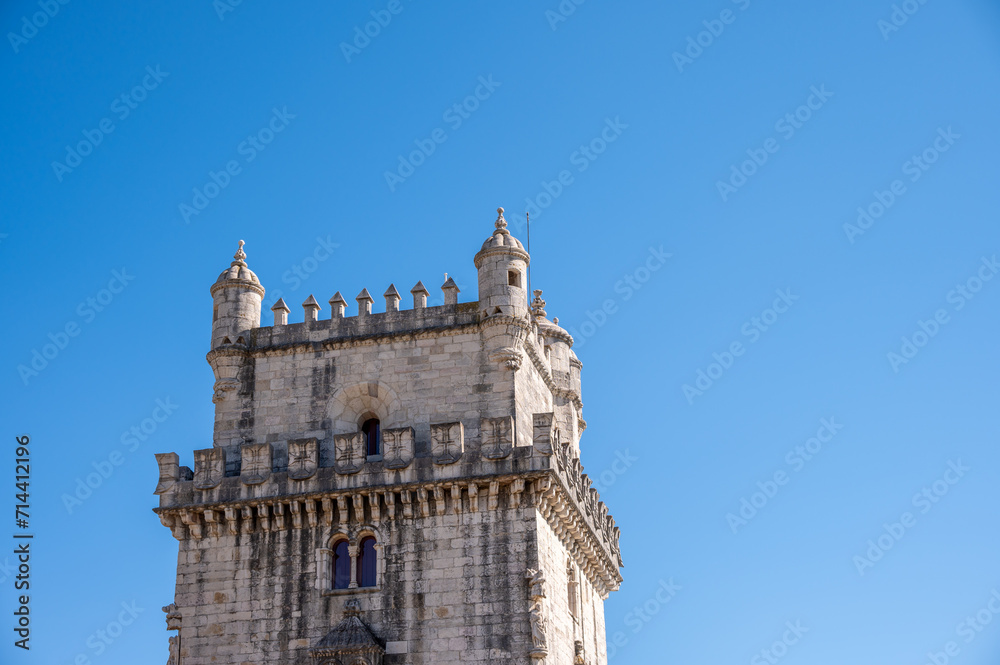 Beautiful view of the landmark Belem Tower in  Lisbon's old city.