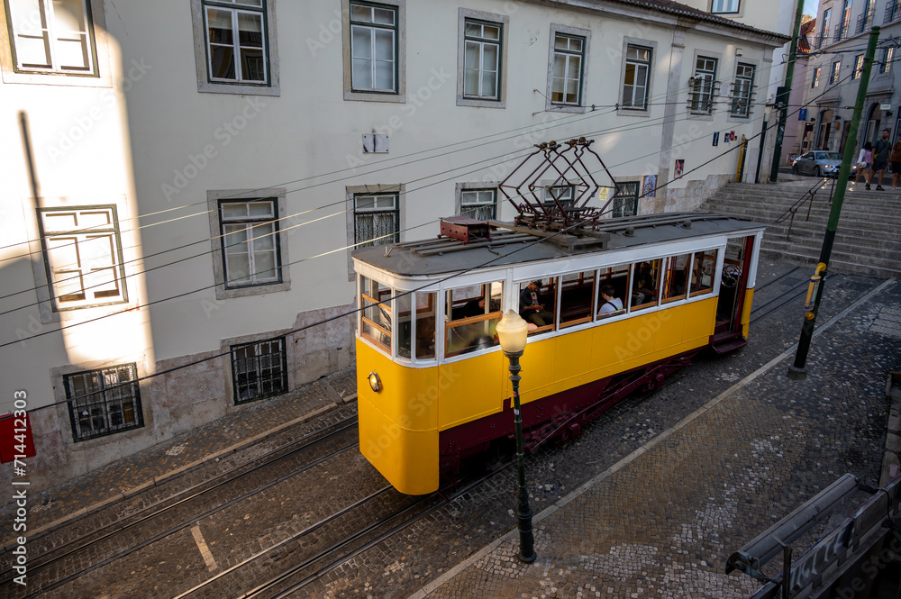 Old funicular in Lisbon's old city in the evening.