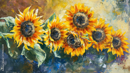  a painting of a bunch of sunflowers in a blue vase on a yellow and brown background with a green leafy branch in the center of the painting.