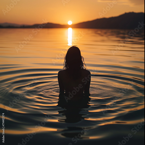 Back view of a woman sitting in the water