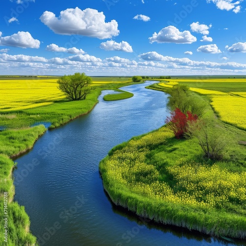 Blue Sky and White Clouds in Spring with a crooked River runs through the Countryside the Fields on both Sides of the River are full of Yellow Rapeseed created with Generative AI Technology