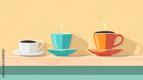  three cups of coffee sitting next to each other on top of a wooden table in front of a wall with a shadow of a coffee cup and saucer on it.