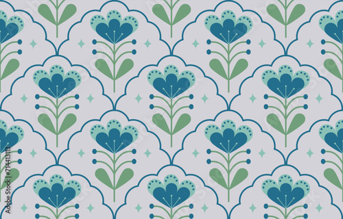 Beautiful Scandinavian floral seamless pattern.Flowers folk style .Modern traditional folklore ornaments, sweden nordic style.Pastel colors vector  illustration.Design for textile,fabric,products etc.