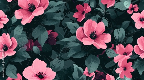  a large group of pink flowers with green leaves on a black background with pink and green leaves on the bottom of the flowers and green leaves on the top of the flowers.