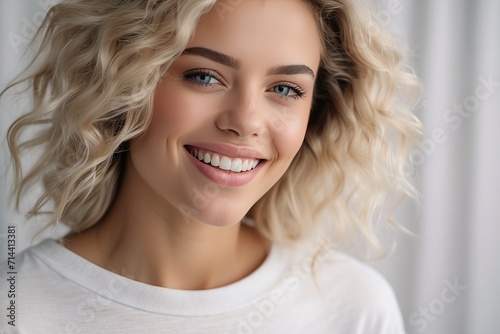 Mujer joven, rubia, de sonrisa perfecta, sobre fondo blanco photo
