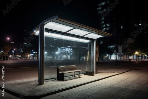 Empty billboard display with overhead covering and illumination at a bus stop. Generative AI