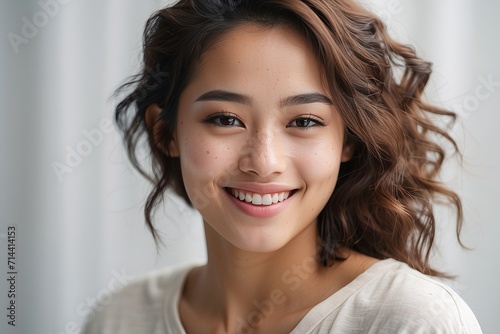 Mujer joven, oriental, de sonrisa perfecta, sobre fondo blanco photo