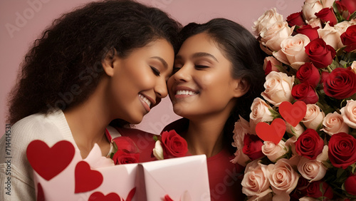 two sisters with heart of love beside bunch of roses
