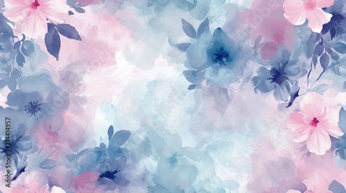  a watercolor painting of pink and blue flowers on a blue and pink background with leaves and flowers on the left side of the image, and on the right side of the left side of the.