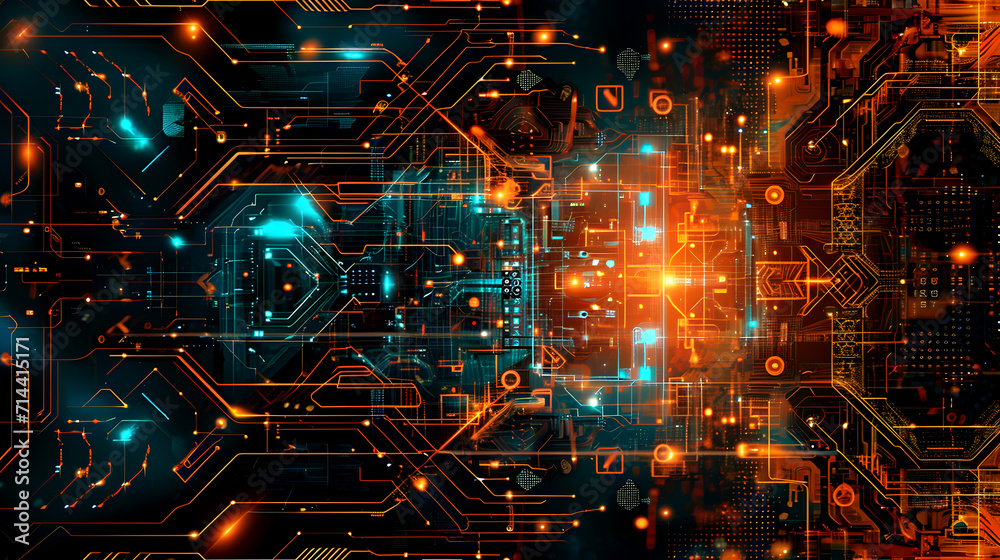 Energize and Immerse in Innovation with Vibrant Color of Futuristic Technology Concept. Abstract Background of Dynamic Display of Digital Innovation with Circuit Board Patterns.