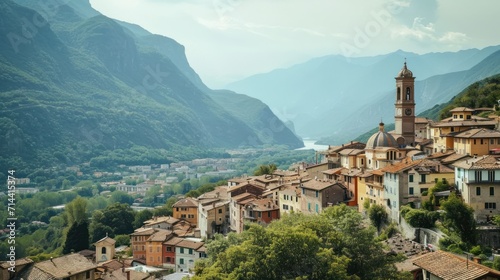  a village with mountains in the background and a body of water in the foreground with a body of water in the foreground and a mountain range in the background.