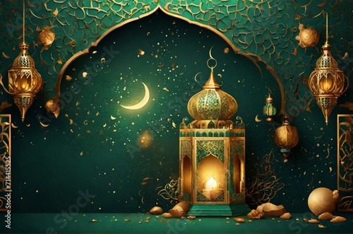 golden lantern arabic green Islamic design background. Universal ramadan kareem banner background with lantern  moon  islamic pattern  mosque and abstract luxury islamic elements 