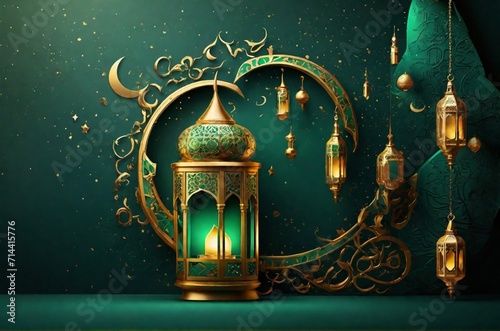 golden lantern arabic green Islamic design background. Universal ramadan kareem banner background with lantern, moon, islamic pattern, mosque and abstract luxury islamic elements 