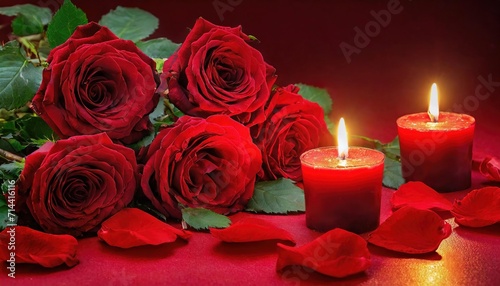 Red roses with burning candles on red background