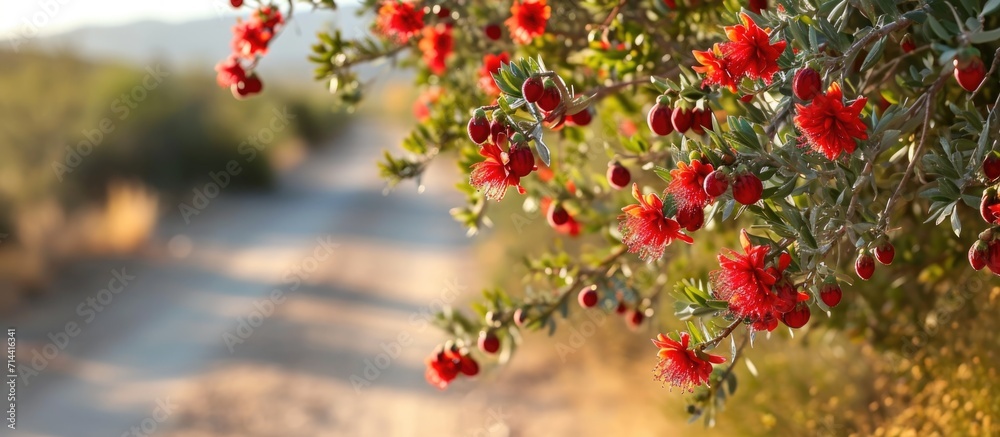Red flowers and small fruits hanging from pomegranate shrubs along city roads in the American Southwest. Red flowers and small fruits hanging from pomegranate shrubs along city roads in the American Southwest.