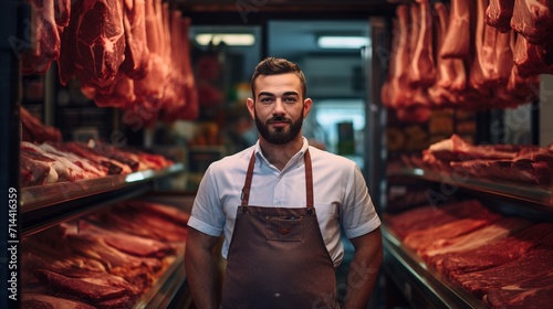 Portrait of A happy butcher standing with arms crossed in modern meat shop. Generative Ai © SazzadurRahaman