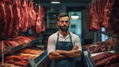 Portrait of A happy butcher standing with arms crossed in modern meat shop. Generative Ai