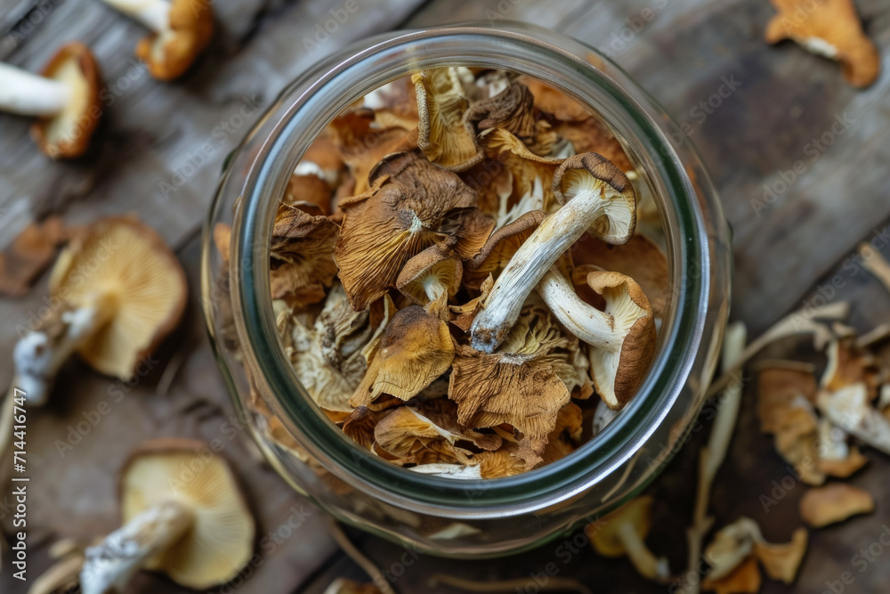 Jar for storing dried mushrooms. Background with selective focus and copy space Jar for storing dried mushrooms. Background with selective focus and copy space