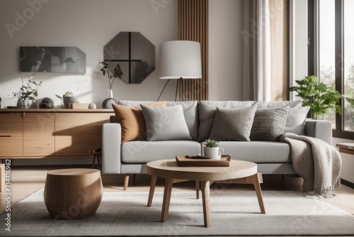 Scandinavian interior home design of modern living room with gray sofa and rustic wooden round table with home decor
