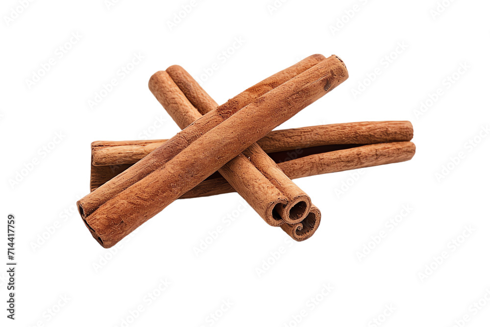 Isolated cinnamon sticks, brown spice, aromatic ingredient, dry bark, sweet flavor, and natural condiment for cooking, macro shot