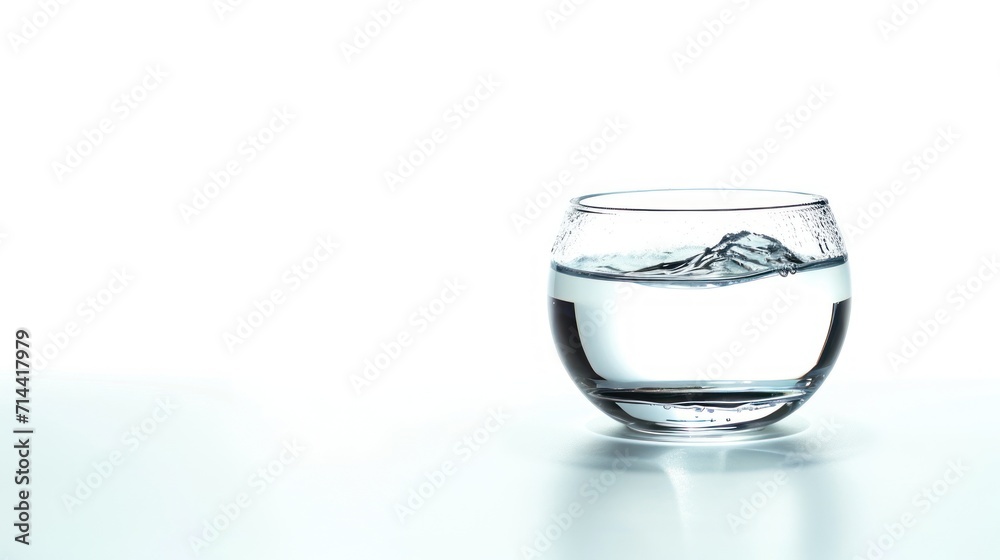 a glass filled with water and ice on top of a white table with a reflection of a mountain in the water and a small amount of water in the glass. a glass filled with water and ice on top of a white table with a reflection of a mountain in the water and a small amount of water in the glass.