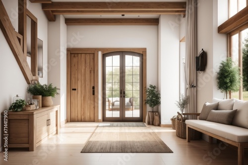 Interior home design of modern entrance hall with rustic wooden doors and furniture in the farmhouse © Basileus