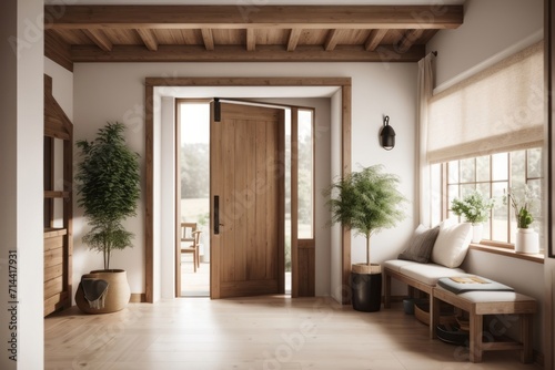 Interior home design of modern entrance hall with rustic wooden doors and furniture in the farmhouse