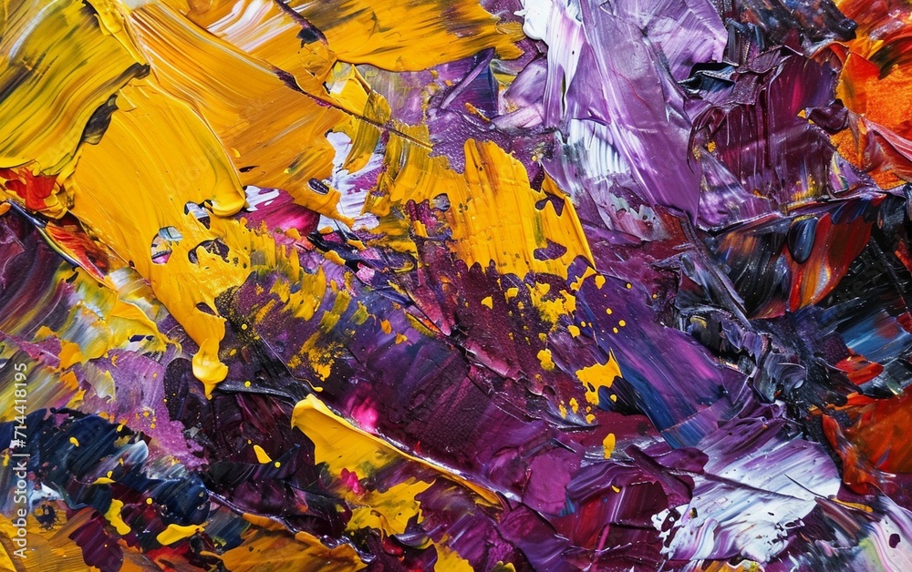 Close-up abstract painting combining purple and yellow in impasto style
