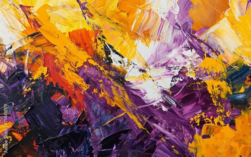 Close-up abstract painting combining purple and yellow in impasto style