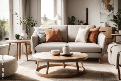 Scandinavian interior home design of modern living room with sofa chairs and round wooden table against white wall near the window