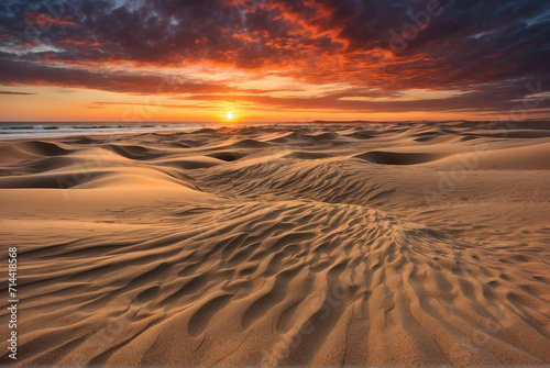 The swirling patterns of windblown sand against a dramatic sunset sky