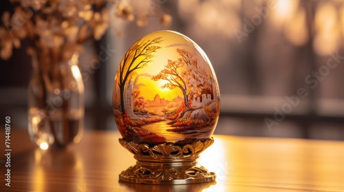 Glass Easter egg on golden stand on table. Beautiful painted egg with trees. Faberge style. AI Generated 