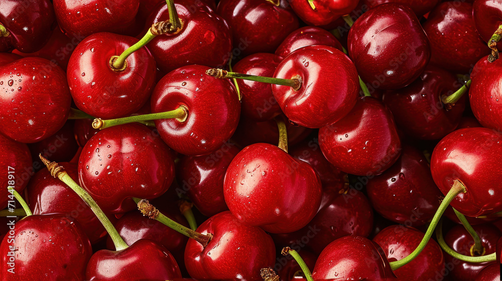 a pile of red cherries with water droplets on them, with a green stem in the middle of the photo and a few more cherries in the background. a pile of red cherries with water droplets on them, with a green stem in the middle of the photo and a few more cherries in the background.