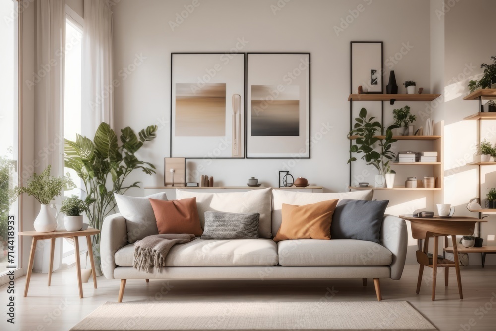 custom made wallpaper toronto digitalScandinavian Interior home design of modern living room with sofa and wooden decoration with poster frames and shelves on the wall