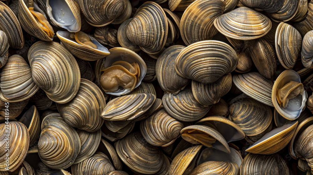a pile of clams and clamshells that are brown and white with a yellow