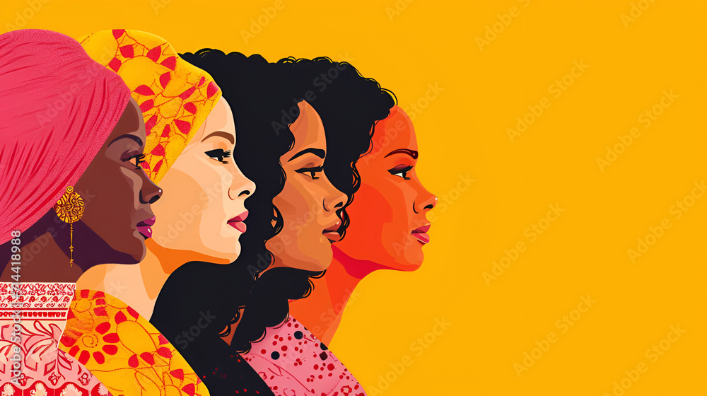 International Women’s day, side pose of women,  March 8. Portraits of different women in profile., wallpaper with copy space